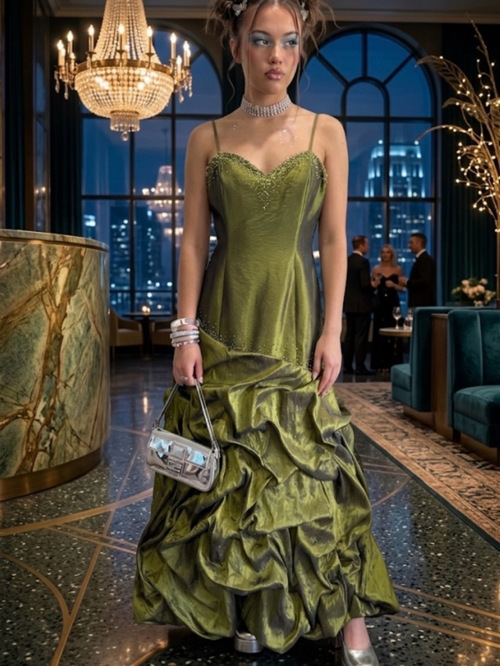 Y2K Olive Green Ball Gown Silver Gem Formal Dress Maggie Sottero